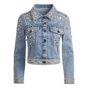 Alice + Olivia Nelson Embellished Cropped Denim Jacket XS (Bridal Bling) 💍